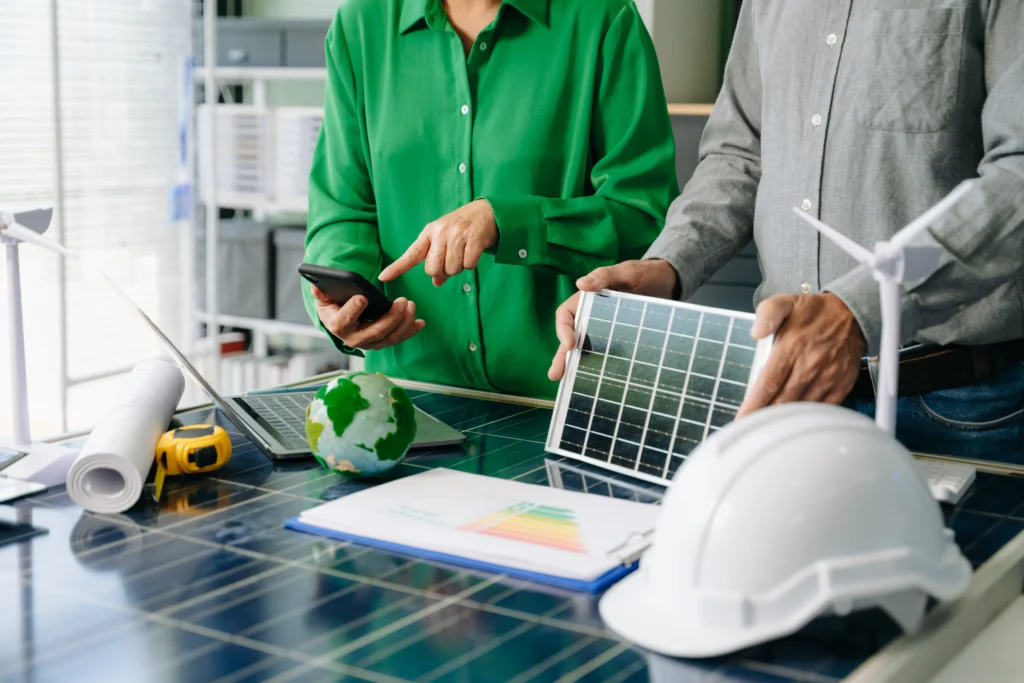 Personas con camisa verde y gris realizan auditoría energética junto a equipo solar, planos técnicos y herramientas de medición.