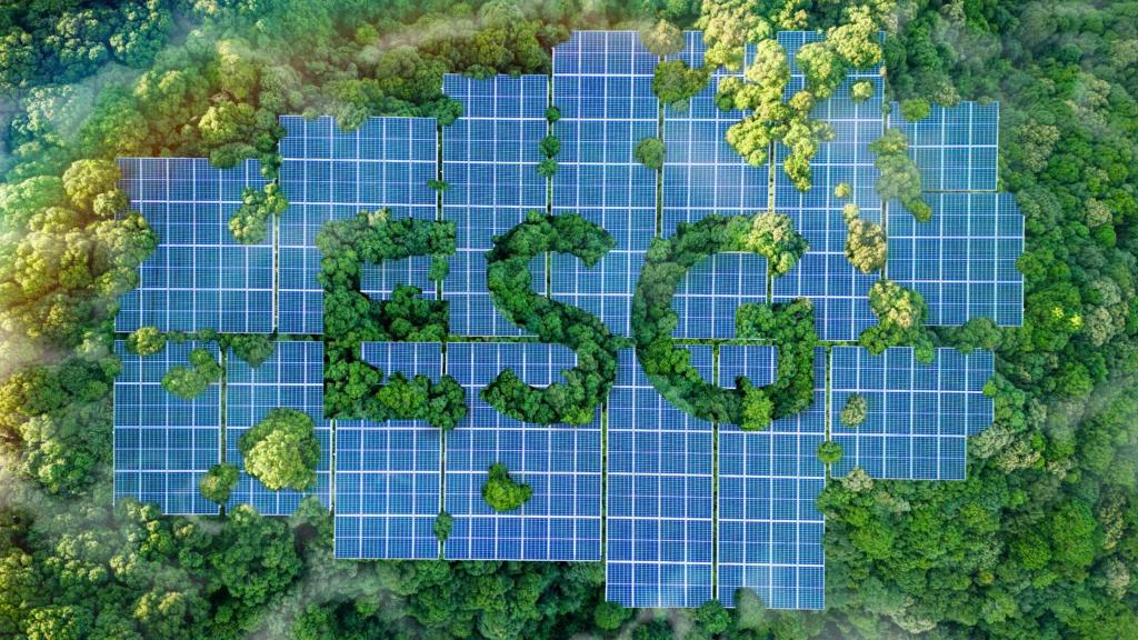 Íconos ecológicos sobre madera en forma de panal como estrategia ESG al centro, reflejando sustentabilidad.