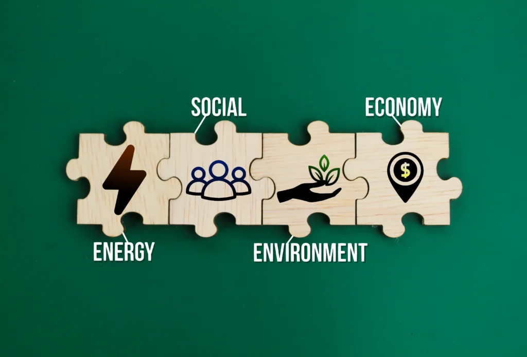 Piezas de rompecabezas conectando energía, sociedad y economía para reflejar estrategias de sustentabilidad efectivas.