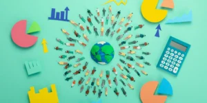 Una representación visual de personas y gráficos rodeando al planeta sugiere el enfoque global que implica implementar objetivos basados en ciencia como los de la iniciativa SBTI.