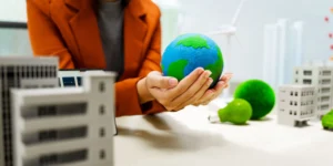 La escena muestra un enfoque en el planeta, rodeado de maquetas ecológicas, en un contexto que invita a pensar qué es un sistema de gestión ambiental dentro de las organizaciones.