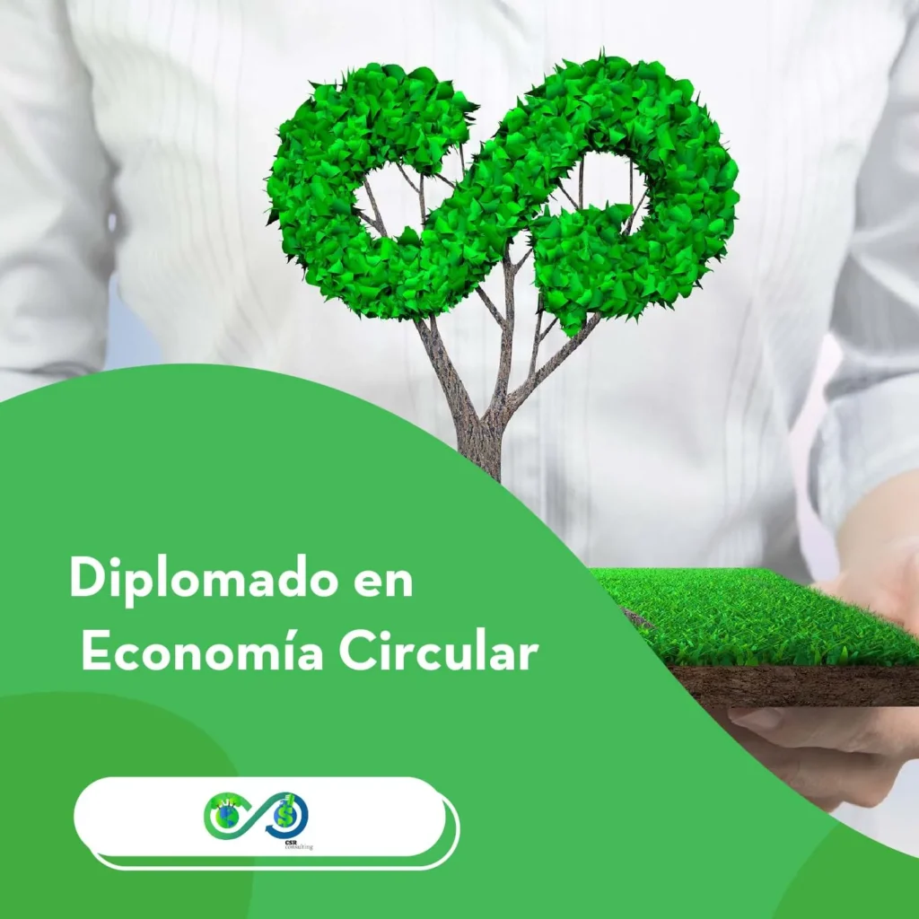 Un árbol con forma de infinito sobre manos humanas simboliza aprendizaje de sostenibilidad, relacionado con el diplomado en economía circular.