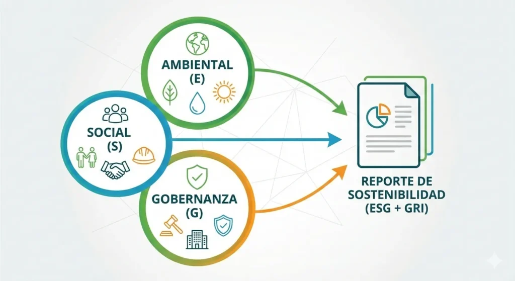 Infográfico que ilustra la relación entre los tres pilares ESG (Ambiental, Social, y de Gobernanza).