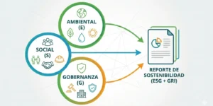 Infográfico que ilustra la relación entre los tres pilares ESG (Ambiental, Social, y de Gobernanza).