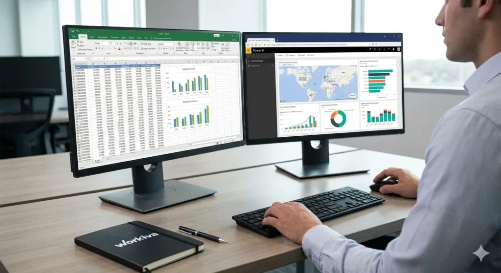 Muestra a un profesional en un entorno de oficina utilizando software especializado para la gestión y reporte de datos de sostenibilidad.