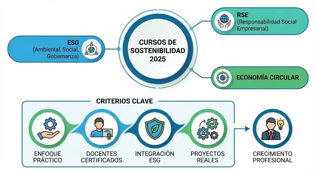 Infográfico que resume visualmente los temas principales de los cursos (ESG, RSE, Economía Circular) y los criterios esenciales que los hacen de alta calidad, como el enfoque práctico, los docentes certificados y la integración de ESG.