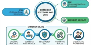 Infográfico que resume visualmente los temas principales de los cursos (ESG, RSE, Economía Circular) y los criterios esenciales que los hacen de alta calidad, como el enfoque práctico, los docentes certificados y la integración de ESG.