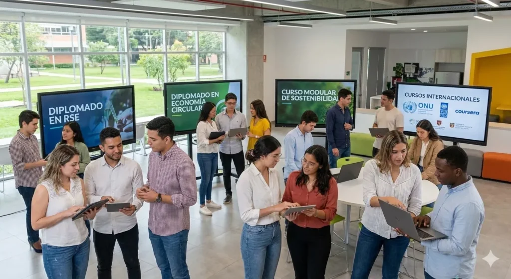 Muestra un entorno de aprendizaje moderno y colaborativo, con estudiantes de diversos perfiles interactuando con las diferentes opciones de cursos (Diplomados, cursos modulares, internacionales) presentadas en pantallas.