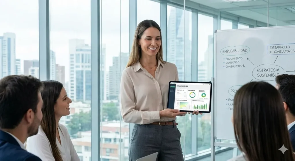 Muestra a una profesional aplicando los conocimientos adquiridos en su entorno laboral, presentando resultados ESG a sus colegas.