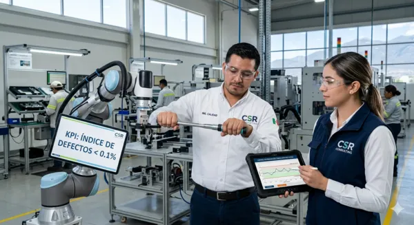 Muestra una toma de ángulo medio en una planta de producción. Un ingeniero de calidad está ajustando meticulosamente un brazo robótico o una máquina de alta precisión.