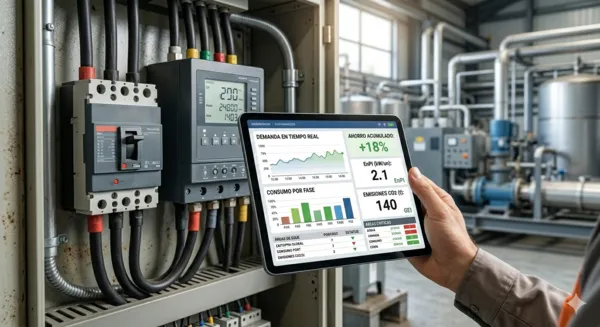Ingeniero realizando una auditoría energética mediante una tablet que muestra indicadores de desempeño energético (EnPI) en una planta industrial.
