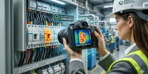 Auditor energético realizando una termografía en instalaciones industriales para detectar pérdidas de calor y optimizar el consumo de energía según la normativa.
