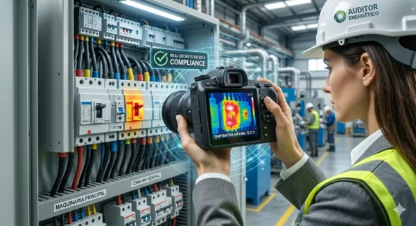 Auditor energético realizando una termografía en instalaciones industriales para detectar pérdidas de calor y optimizar el consumo de energía según la normativa.