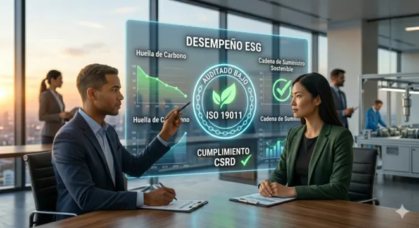 Sesión de auditoría interna para validar reportes de sostenibilidad ESG y cumplimiento de la directiva CSRD usando la metodología ISO 19011.