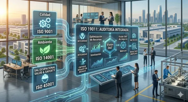 Diagrama conceptual de auditorías integradas bajo la norma ISO 19011, optimizando la evaluación de múltiples sistemas de gestión simultáneamente.
