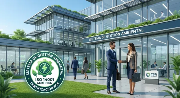 Edificio corporativo sustentable que representa la mejora de la imagen comercial y competitividad tras obtener la certificación ISO 14001.