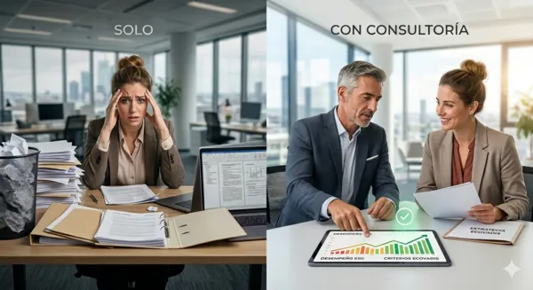Comparativa visual entre una persona abrumada intentando completar EcoVadis sola y un equipo trabajando con un consultor experto en sostenibilidad.