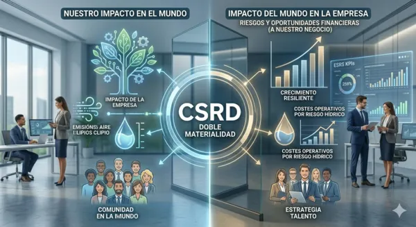 Infografía que representa la doble materialidad de la CSRD: cómo la empresa impacta al mundo y cómo los riesgos climáticos impactan las finanzas corporativas.