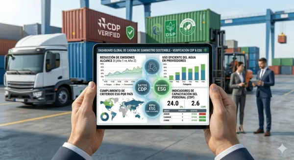 Panel de control digital que muestra la integración de indicadores de CDP y criterios ESG para la gestión de riesgos en la cadena de suministro global.