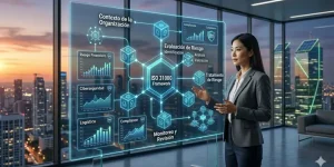 Ejecutiva analizando el framework de gestión de riesgos ISO 31000 en un panel digital para la toma de decisiones corporativas.