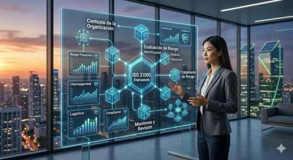 Ejecutiva analizando el framework de gestión de riesgos ISO 31000 en un panel digital para la toma de decisiones corporativas.