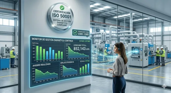 Tablero de control de eficiencia energética bajo el estándar ISO 50001, mostrando indicadores de consumo y ahorro en tiempo real para reportes ESG.