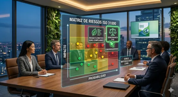 Matriz de riesgos bajo la norma ISO 31000 integrando factores ESG y climáticos para el reporte de sostenibilidad CSRD.