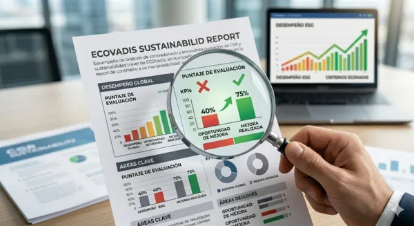 Lupa analizando un scorecard de EcoVadis para identificar brechas y mejorar el puntaje ESG a través de evidencias válidas.