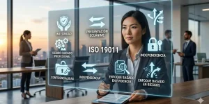 Auditor profesional analizando los 7 principios de la norma ISO 19011 en una oficina moderna para asegurar la transparencia empresarial.