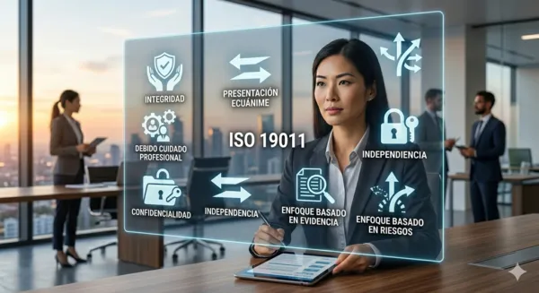 Auditor profesional analizando los 7 principios de la norma ISO 19011 en una oficina moderna para asegurar la transparencia empresarial.