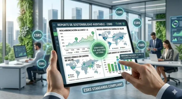 Interfaz de software de reporting de sostenibilidad alineada con los estándares ESRS, mostrando datos trazables y listos para auditoría externa.