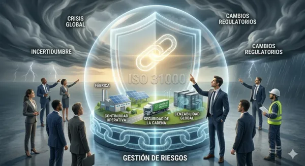 Escudo protector de ISO 31000 asegurando la continuidad operativa y logística de una empresa frente a crisis externas.