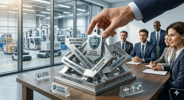 Fotografía profesional de alta gama que muestra una mano colocando la pieza estructural 'ISO 28000', reforzando así los pilares interconectados de la resiliencia de la cadena de suministro y la continuidad del negocio.