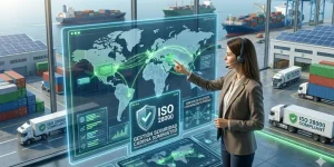 Toma desde un ángulo elevado de un monitor de un centro de mando logístico con validación ISO 28000, que realiza el seguimiento y protege el comercio internacional de contenedores contra los riesgos operativos.
