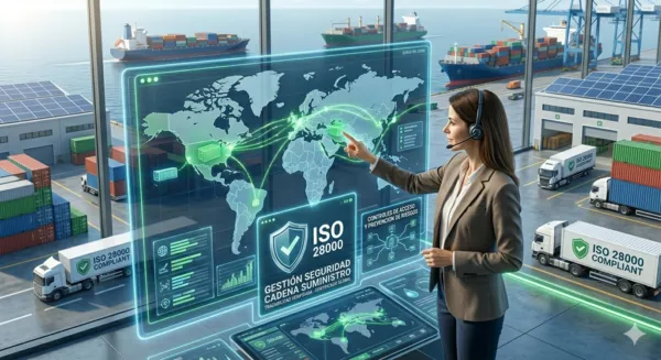 Toma desde un ángulo elevado de un monitor de un centro de mando logístico con validación ISO 28000, que realiza el seguimiento y protege el comercio internacional de contenedores contra los riesgos operativos.