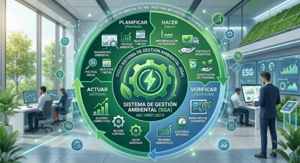 Diagrama del ciclo de mejora continua PDCA aplicado a un Sistema de Gestión Ambiental bajo la norma internacional ISO 14001.
