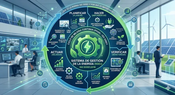Infografía del ciclo de mejora continua para un Sistema de Gestión de la Energía ISO 50001, mostrando las fases de diagnóstico, implementación y monitoreo.