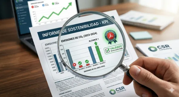 Primer plano de una lupa verificando datos técnicos y firmas digitales en un documento PDF de KPI ambientales, asegurando la validez de las evidencias para EcoVadis.
