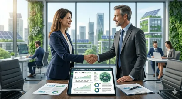 Directivos cerrando un acuerdo financiero gracias a la transparencia y cumplimiento de la directiva CSRD en sus reportes de sostenibilidad.