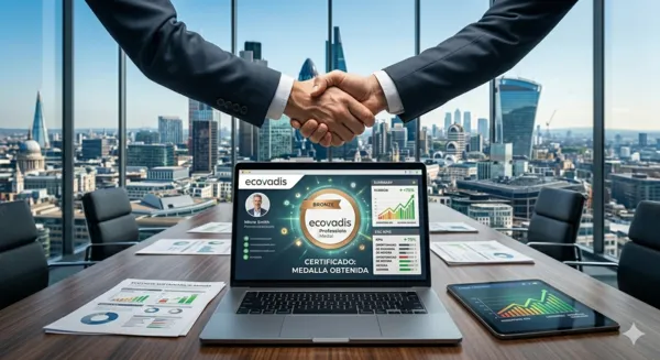 Dos profesionales cerrando un acuerdo comercial con el perfil de certificación EcoVadis visible, demostrando competitividad en la cadena de suministro.